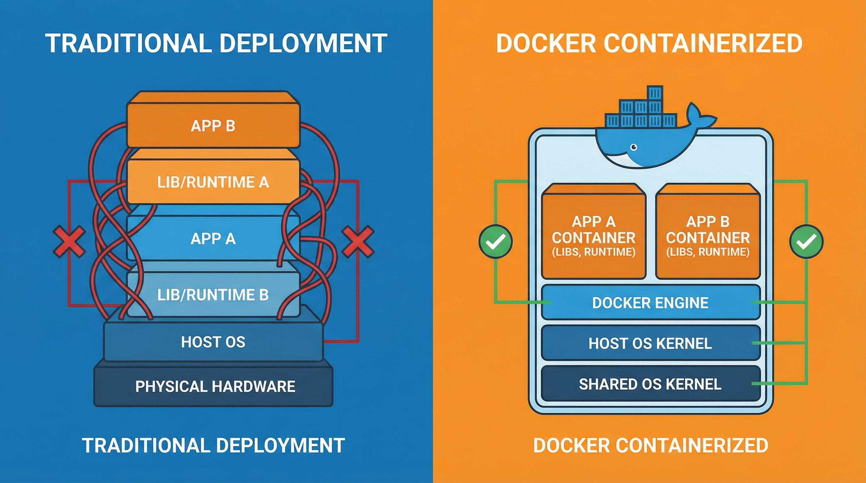 Traditional vs Docker deployment comparison