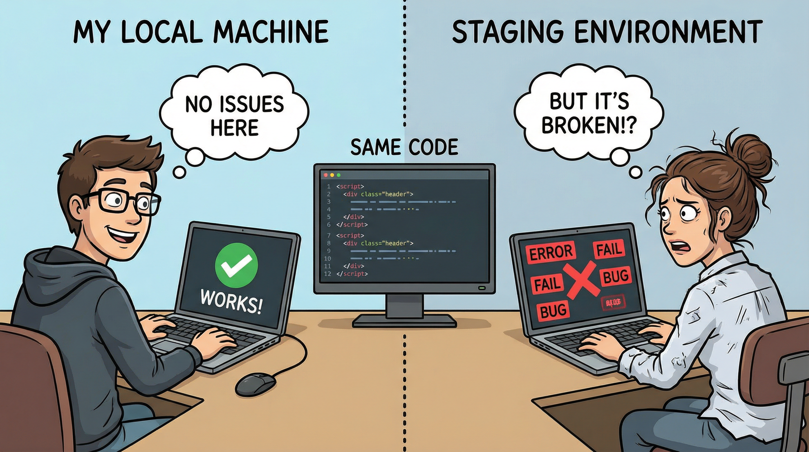 Works on my machine problem illustration